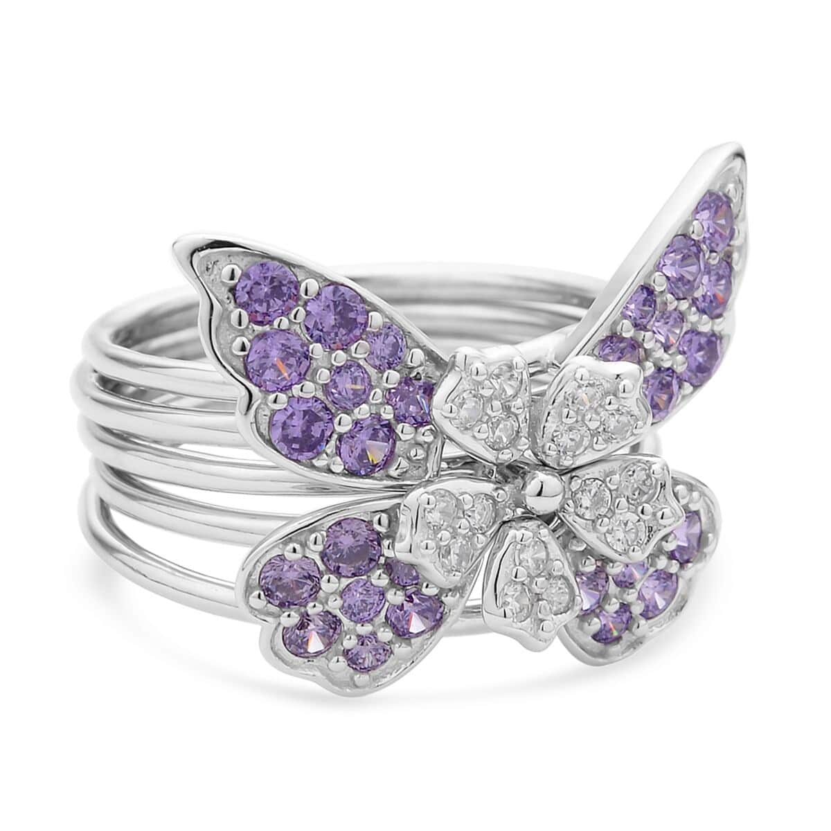 Lustro Stella Finest Purple and White CZ Set of 5 Butterfly Stackable Ring (Size 7.0) in Rhodium Over Sterling Silver 1.60 ctw image number 0