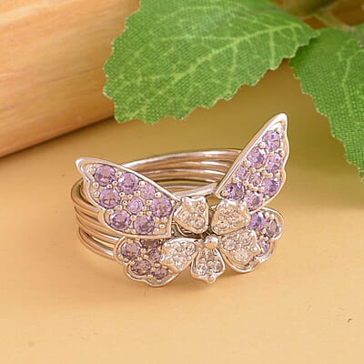 Lustro Stella Finest Purple and White CZ Set of 5 Butterfly Stackable Ring (Size 7.0) in Rhodium Over Sterling Silver 1.60 ctw
