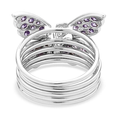Lustro Stella Finest Purple and White CZ Set of 5 Butterfly Stackable Ring (Size 7.0) in Rhodium Over Sterling Silver 1.60 ctw