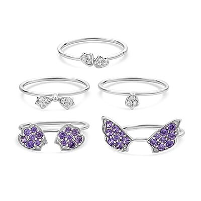 Lustro Stella Finest Purple and White CZ Set of 5 Butterfly Stackable Ring (Size 7.0) in Rhodium Over Sterling Silver 1.60 ctw