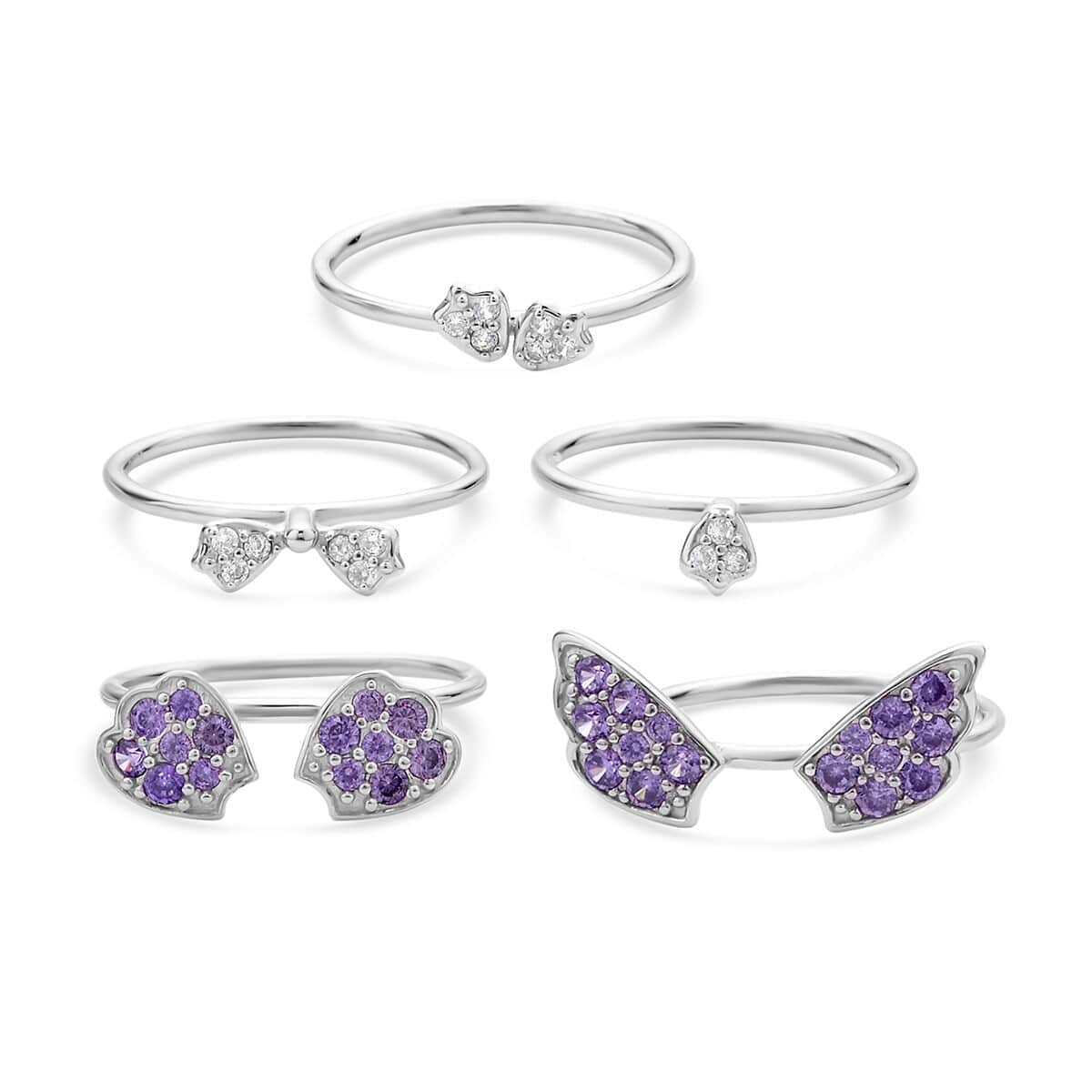 Lustro Stella Finest Purple and White CZ Set of 5 Butterfly Stackable Ring (Size 7.0) in Rhodium Over Sterling Silver 1.60 ctw image number 4