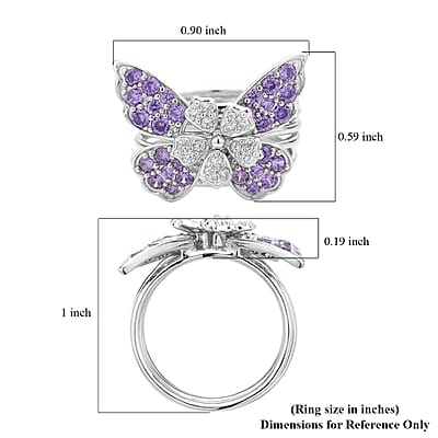 Lustro Stella Finest Purple and White CZ Set of 5 Butterfly Stackable Ring (Size 7.0) in Rhodium Over Sterling Silver 1.60 ctw