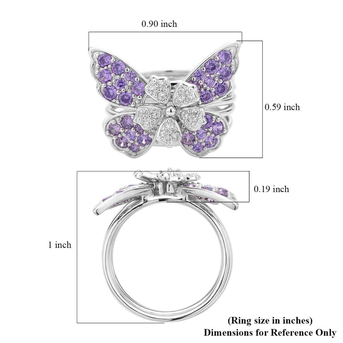 Lustro Stella Finest Purple and White CZ Set of 5 Butterfly Stackable Ring (Size 7.0) in Rhodium Over Sterling Silver 1.60 ctw image number 5
