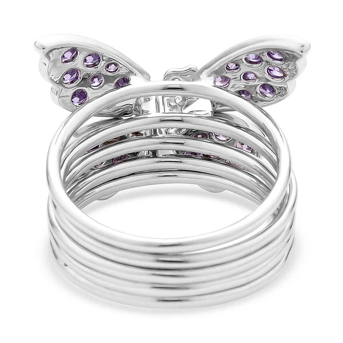 Lustro Stella Finest Purple and White CZ Set of 5 Butterfly Stackable Ring (Size 8.0) in Rhodium Over Sterling Silver 1.60 ctw image number 3