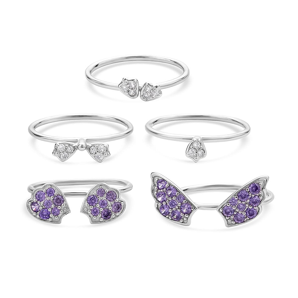 Lustro Stella Finest Purple and White CZ Set of 5 Butterfly Stackable Ring (Size 8.0) in Rhodium Over Sterling Silver 1.60 ctw image number 4