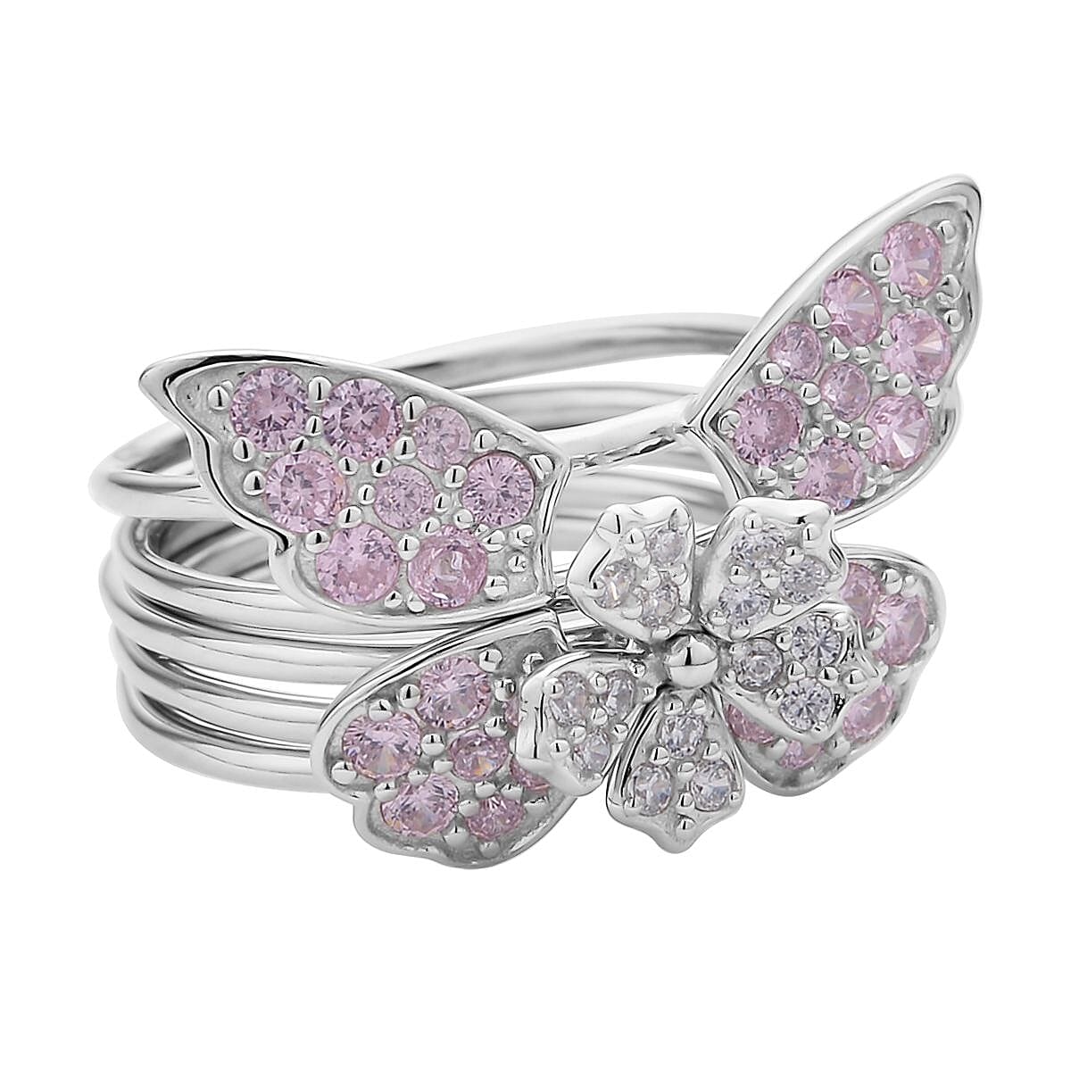 Lustro Stella Finest Pink and White CZ Set of 5 Butterfly Stackable Ring (Size 9.0) in Rhodium Over Sterling Silver 1.75 ctw image number 0