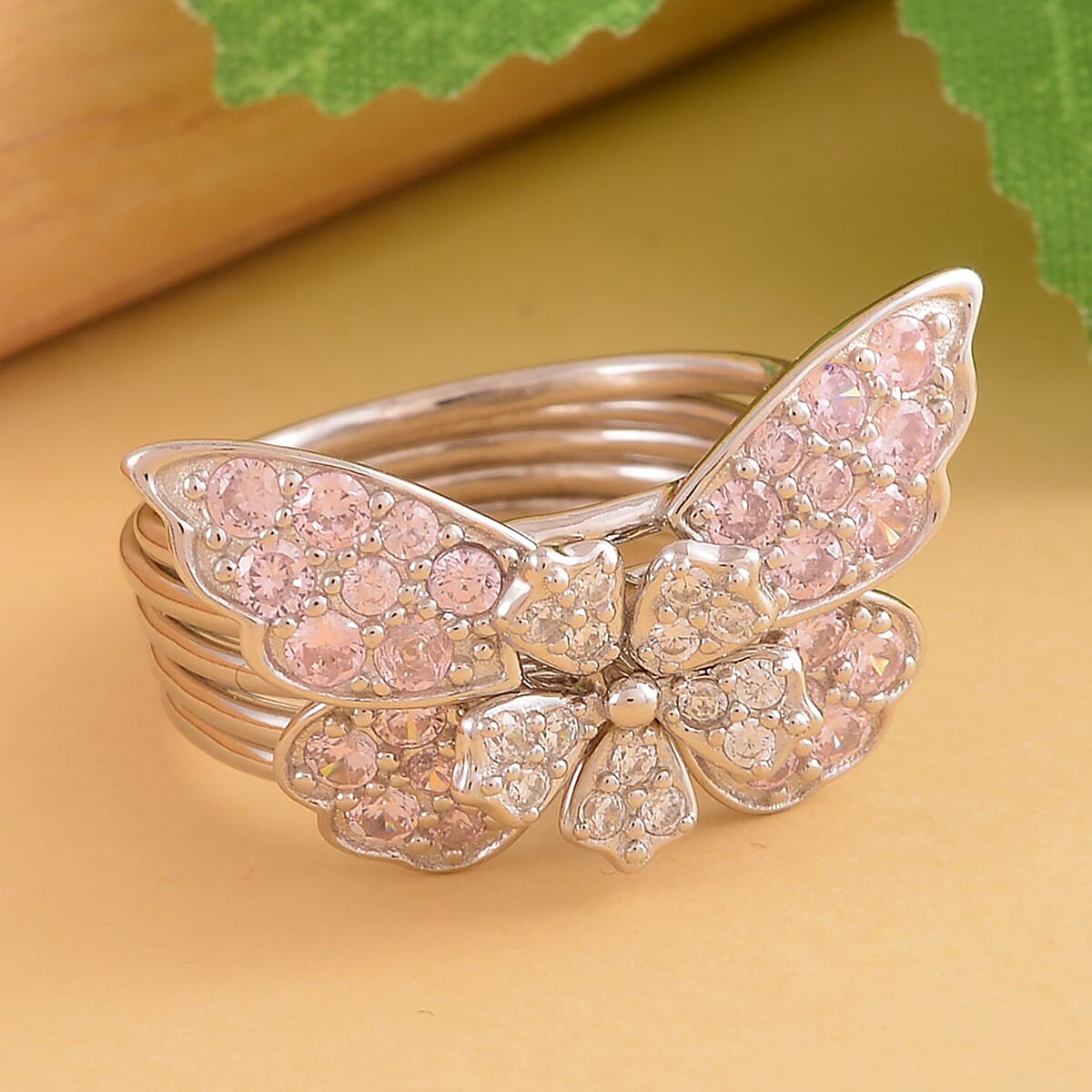 Lustro Stella Finest Pink and White CZ Set of 5 Butterfly Stackable Ring (Size 9.0) in Rhodium Over Sterling Silver 1.75 ctw image number 1