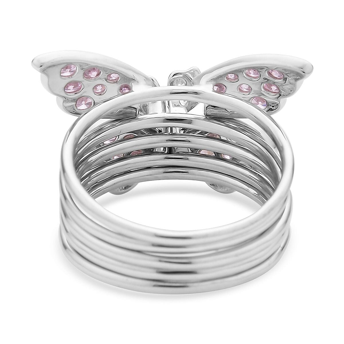 Lustro Stella Finest Pink and White CZ Set of 5 Butterfly Stackable Ring (Size 9.0) in Rhodium Over Sterling Silver 1.75 ctw image number 3