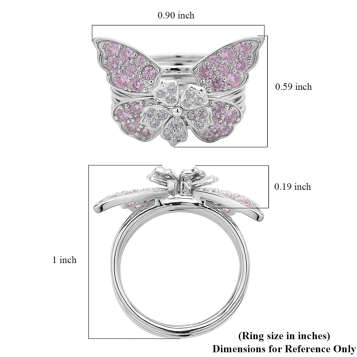 Lustro Stella Finest Pink and White CZ Set of 5 Butterfly Stackable Ring (Size 9.0) in Rhodium Over Sterling Silver 1.75 ctw image number 5