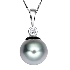 Tahitian Cultured Pearl and Moissanite Pendant Necklace 18 Inches in Rhodium Over Sterling Silver 0.05 ctw