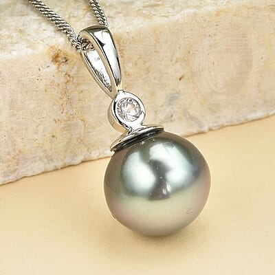 Tahitian Cultured Pearl and Moissanite Pendant Necklace 18 Inches in Rhodium Over Sterling Silver 0.05 ctw