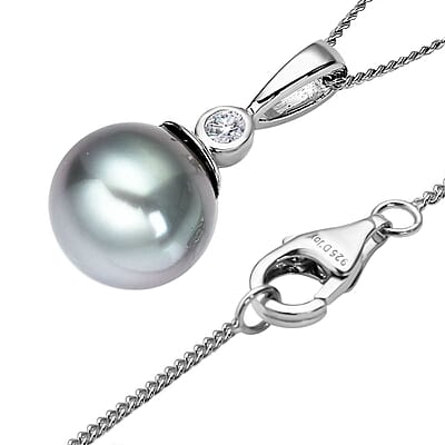 Tahitian Cultured Pearl and Moissanite Pendant Necklace 18 Inches in Rhodium Over Sterling Silver 0.05 ctw