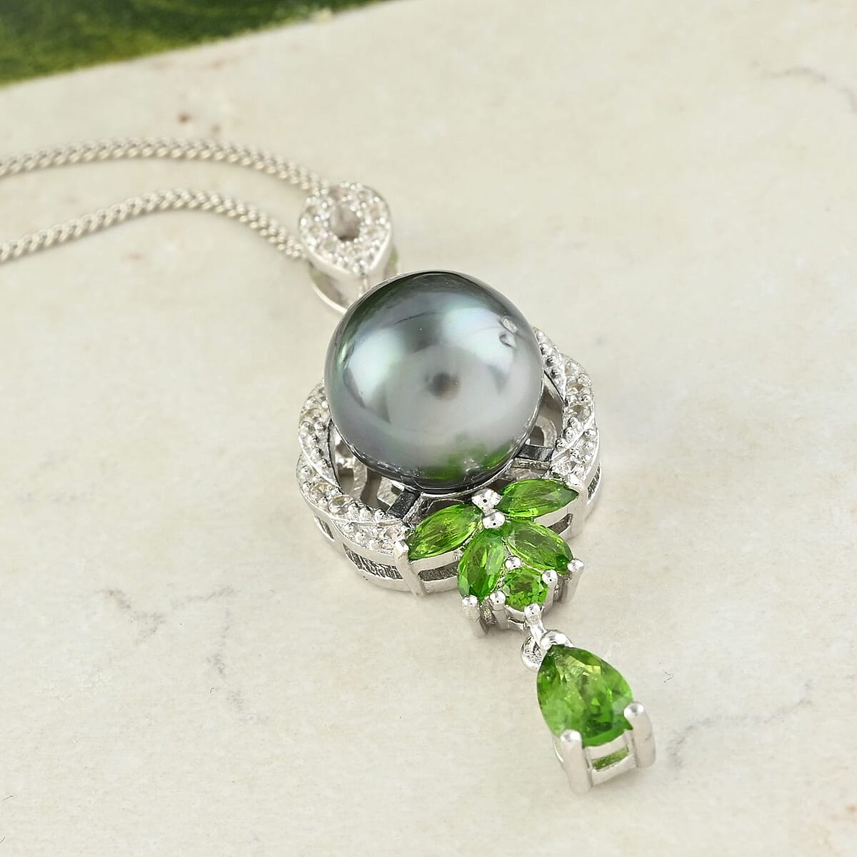 Tahitian Cultured Pearl and Multi Gemstone Pendant Necklace 18 Inches in Rhodium Over Sterling Silver 1.10 ctw image number 1