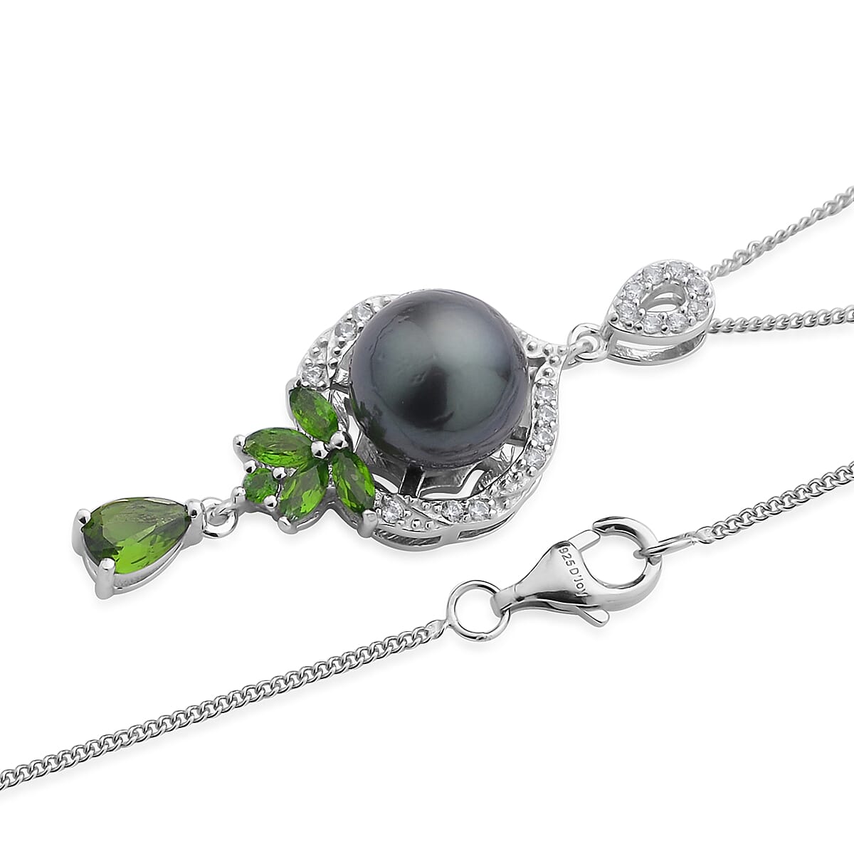 Tahitian Cultured Pearl and Multi Gemstone Pendant Necklace 18 Inches in Rhodium Over Sterling Silver 1.10 ctw image number 3