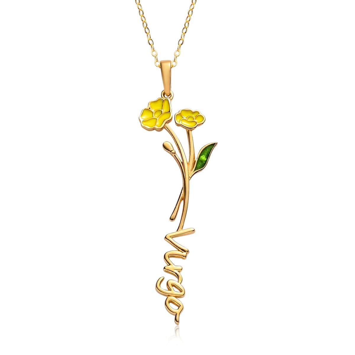 Yellow and Green Enameled Virgo Zodiac Buttercup Birth Flower Pendant Necklace (16-18 Inches) in 14K YG Over Sterling Silver image number 0