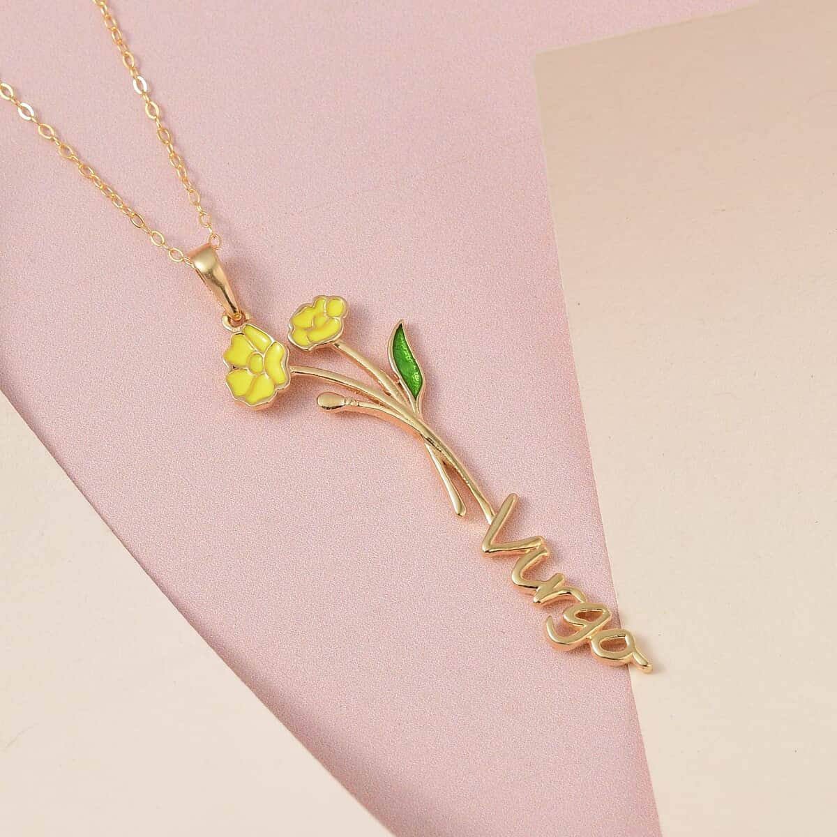 Yellow and Green Enameled Virgo Zodiac Buttercup Birth Flower Pendant Necklace (16-18 Inches) in 14K YG Over Sterling Silver image number 1