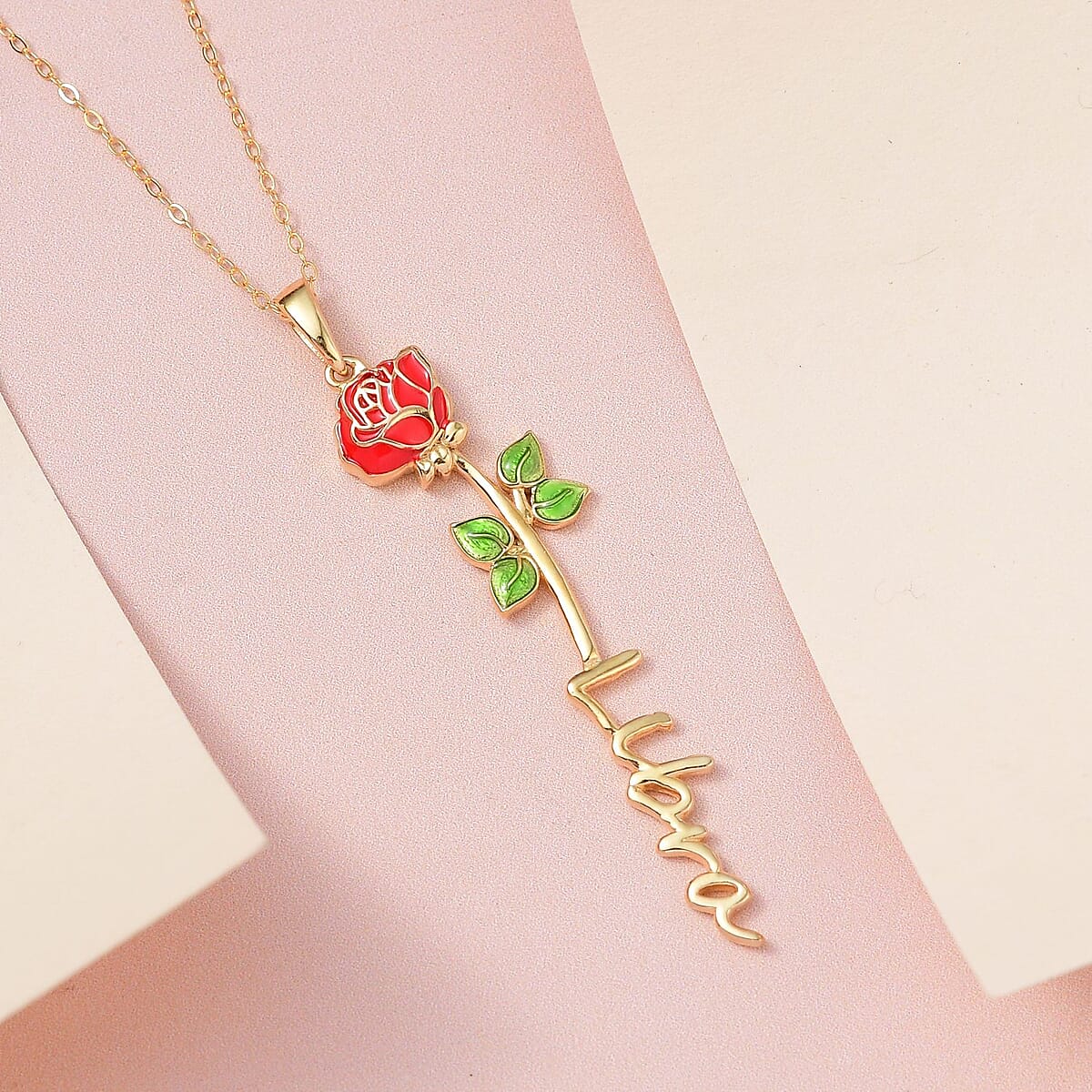 Red and Green Enameled Libra Zodiac Rose Birth Flower Pendant Necklace,Statement Jewlery,Gift For Women (16-18 Inches) in 14K YG Over Sterling Silver image number 1