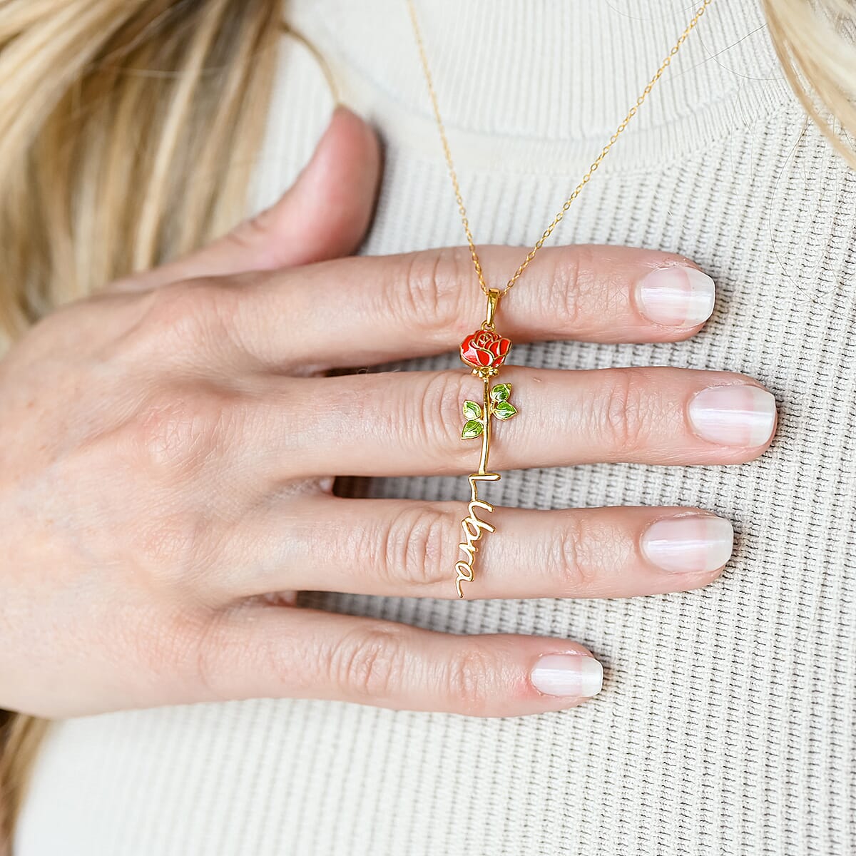 Red and Green Enameled Libra Zodiac Rose Birth Flower Pendant Necklace,Statement Jewlery,Gift For Women (16-18 Inches) in 14K YG Over Sterling Silver image number 3