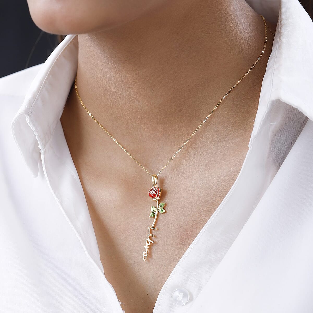 Red and Green Enameled Libra Zodiac Rose Birth Flower Pendant Necklace,Statement Jewlery,Gift For Women (16-18 Inches) in 14K YG Over Sterling Silver image number 4