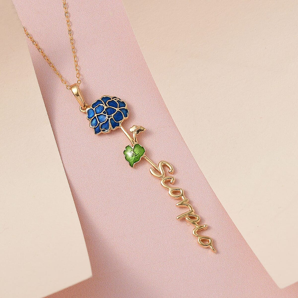 Purple and Green Enameled Scorpio Zodiac Geranium Birth Flower Pendant Necklace, Statement Jewlery, Gift For Women (16-18 Inches) in 14K YG Over Sterling Silver image number 1