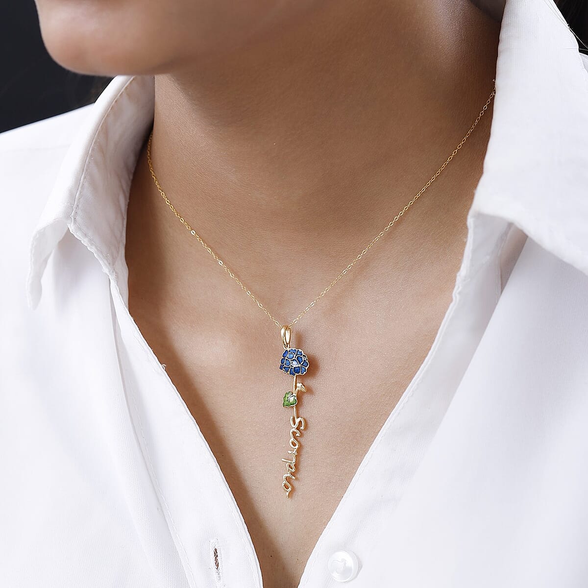 Purple and Green Enameled Scorpio Zodiac Geranium Birth Flower Pendant Necklace, Statement Jewlery, Gift For Women (16-18 Inches) in 14K YG Over Sterling Silver image number 4