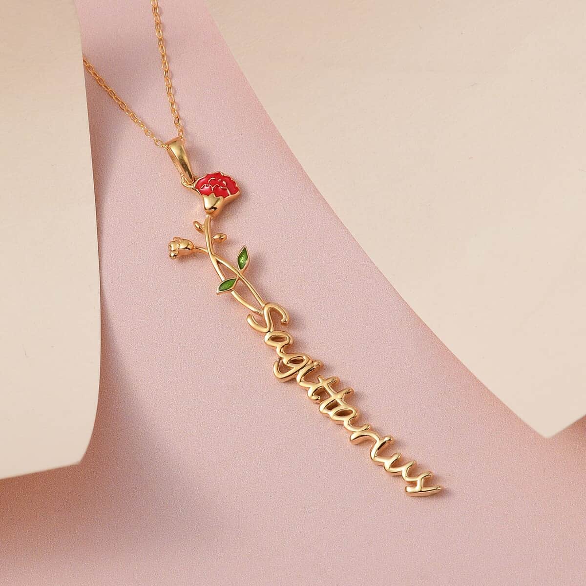 Red and Green Enameled Sagittarius Zodiac Carnation Birth Flower Pendant Necklace,Statement Jewlery,Gift For Women (16-18 Inches) in 14K YG Over Sterling Silver image number 1