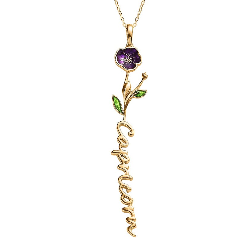 Purple and Green Enameled Capricorn Zodiac Pansy Birth Flower Pendant Necklace,Statement Jewlery,Gift For Women (16-18 Inches) in 14K YG Over Sterling Silver