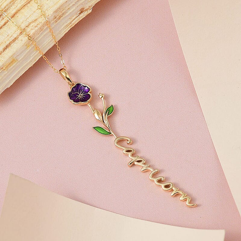 Purple and Green Enameled Capricorn Zodiac Pansy Birth Flower Pendant Necklace,Statement Jewlery,Gift For Women (16-18 Inches) in 14K YG Over Sterling Silver