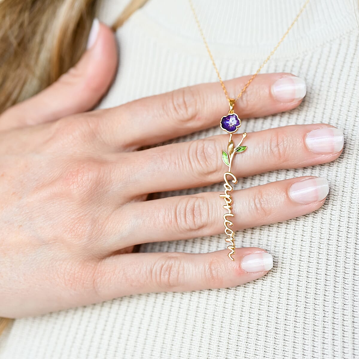 Purple and Green Enameled Capricorn Zodiac Pansy Birth Flower Pendant Necklace,Statement Jewlery,Gift For Women (16-18 Inches) in 14K YG Over Sterling Silver image number 3