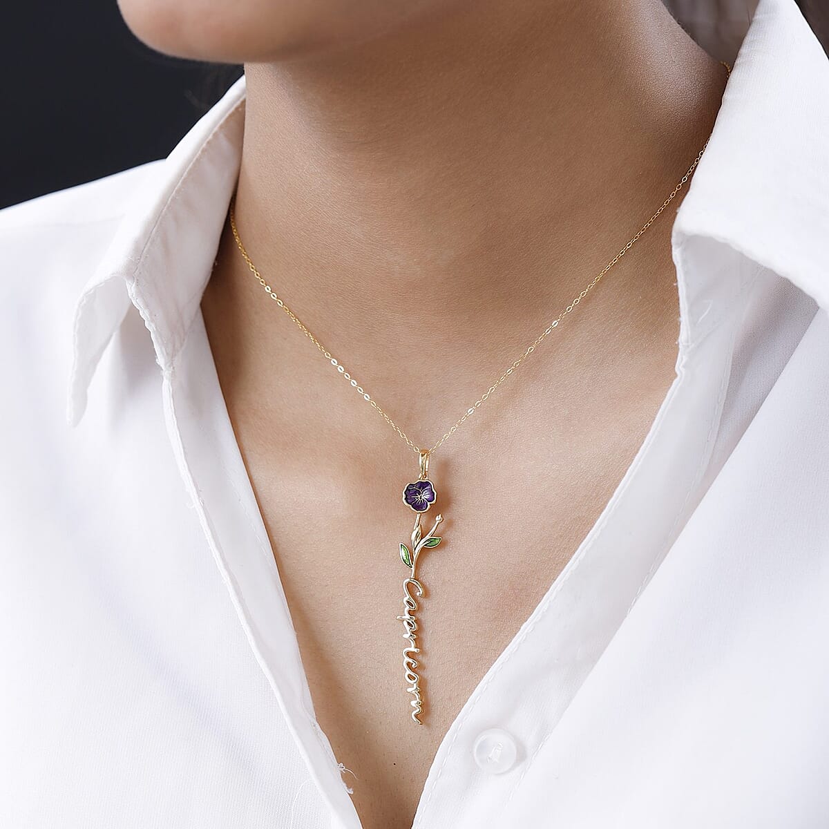 Purple and Green Enameled Capricorn Zodiac Pansy Birth Flower Pendant Necklace,Statement Jewlery,Gift For Women (16-18 Inches) in 14K YG Over Sterling Silver image number 4