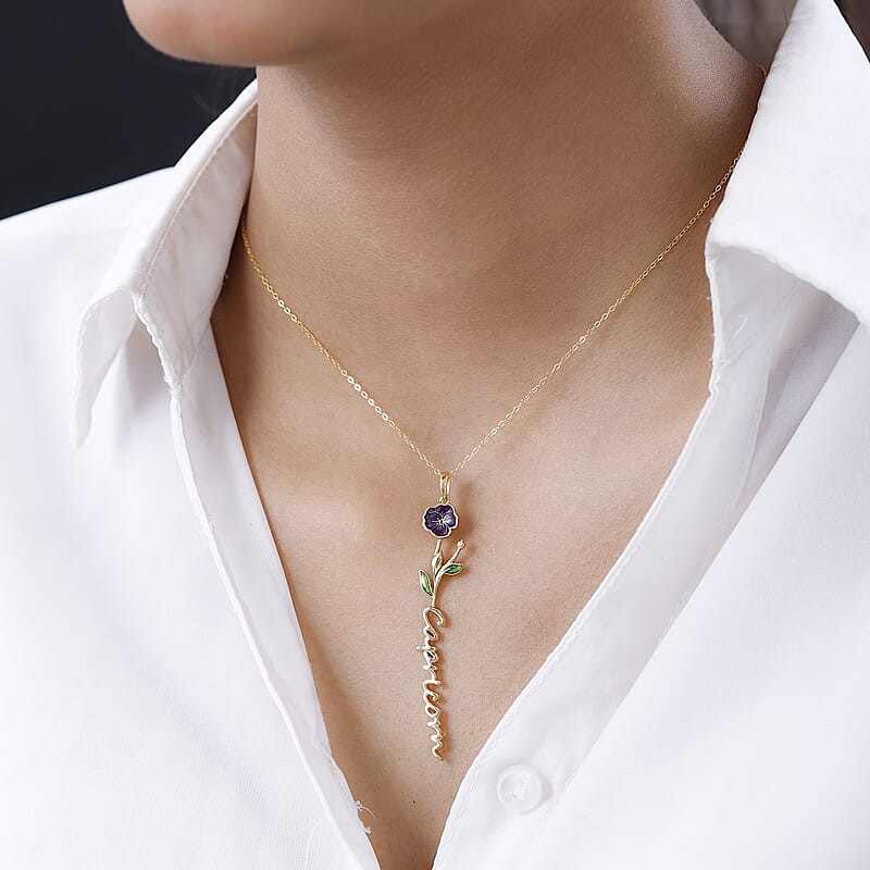 Purple and Green Enameled Capricorn Zodiac Pansy Birth Flower Pendant Necklace,Statement Jewlery,Gift For Women (16-18 Inches) in 14K YG Over Sterling Silver