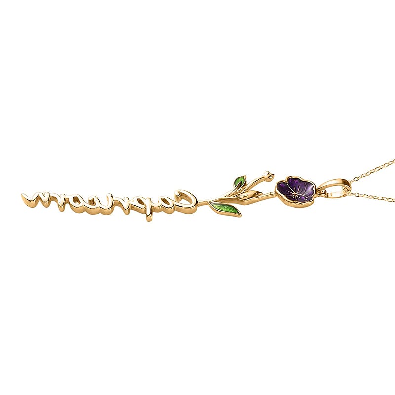 Purple and Green Enameled Capricorn Zodiac Pansy Birth Flower Pendant Necklace,Statement Jewlery,Gift For Women (16-18 Inches) in 14K YG Over Sterling Silver