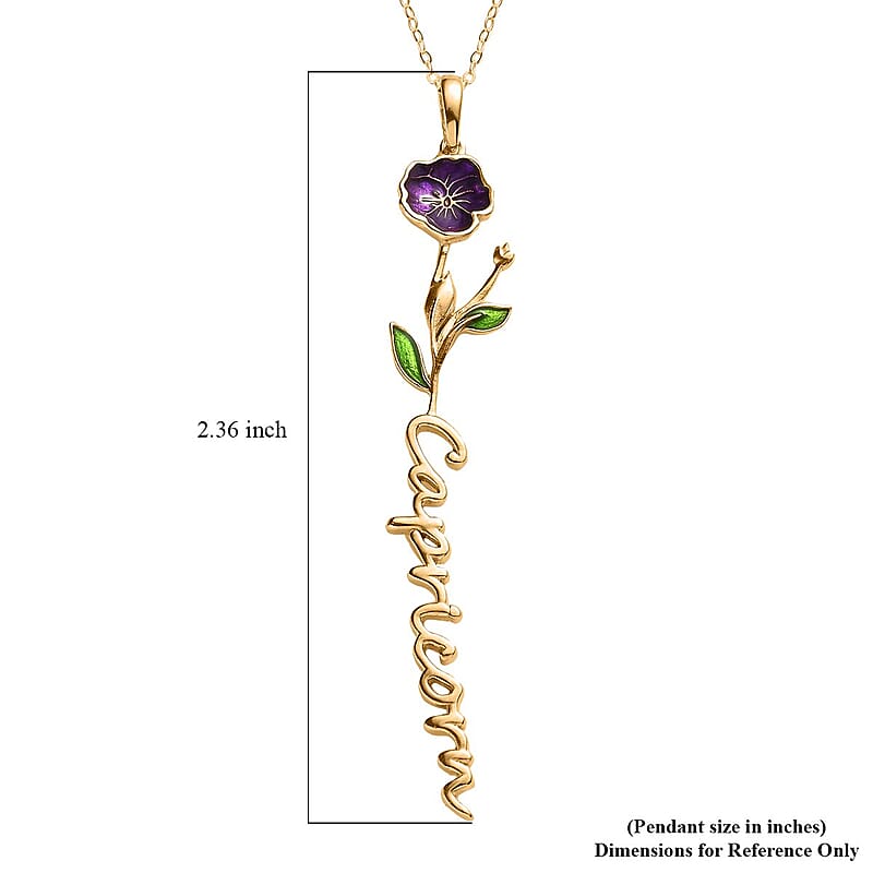 Purple and Green Enameled Capricorn Zodiac Pansy Birth Flower Pendant Necklace,Statement Jewlery,Gift For Women (16-18 Inches) in 14K YG Over Sterling Silver