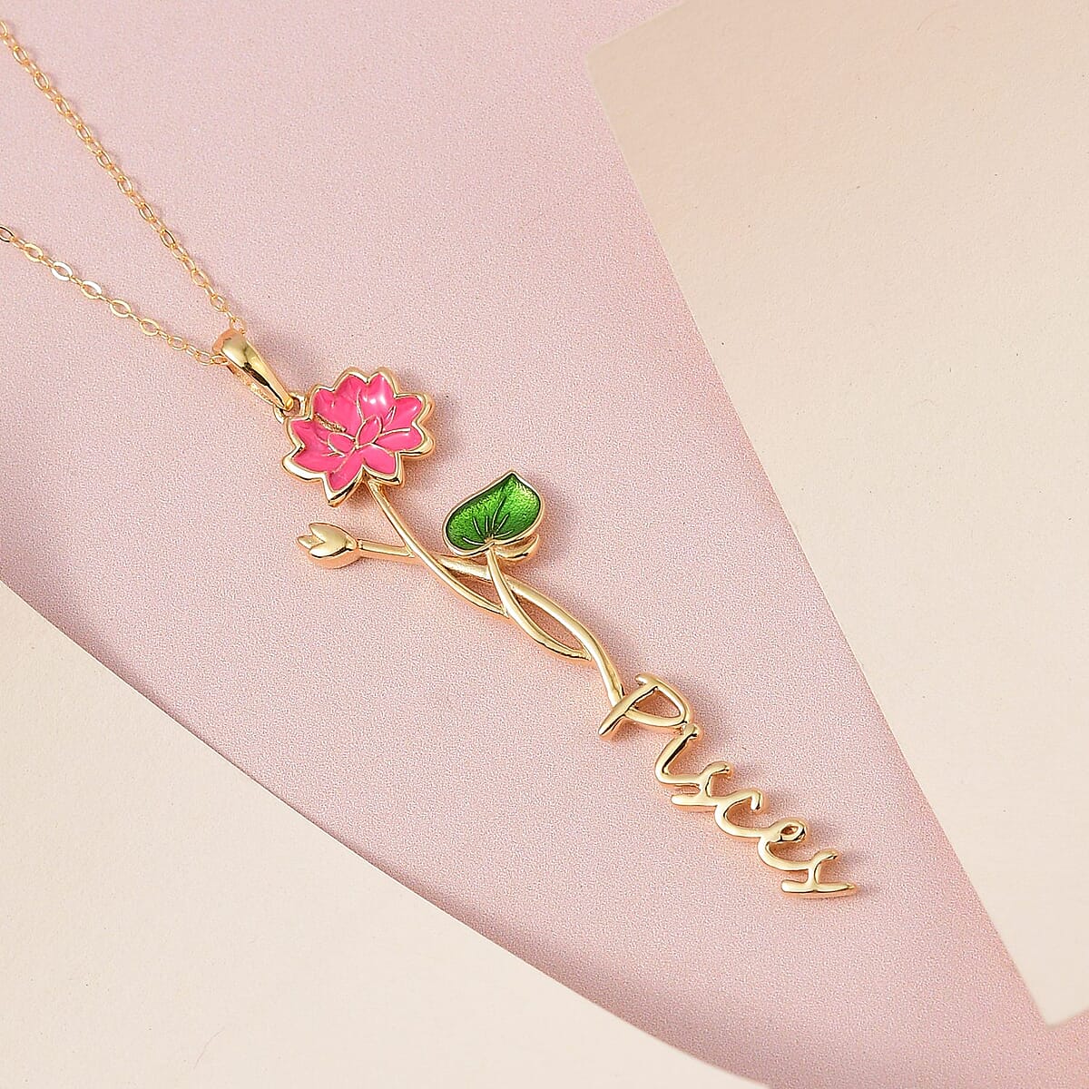 Pink and Green Enameled Pisces Zodiac Water Lily Birth Flower Pendant Necklace,Statement Jewlery,Gift For Women (16-18 Inches) in 14K YG Over Sterling Silver image number 1