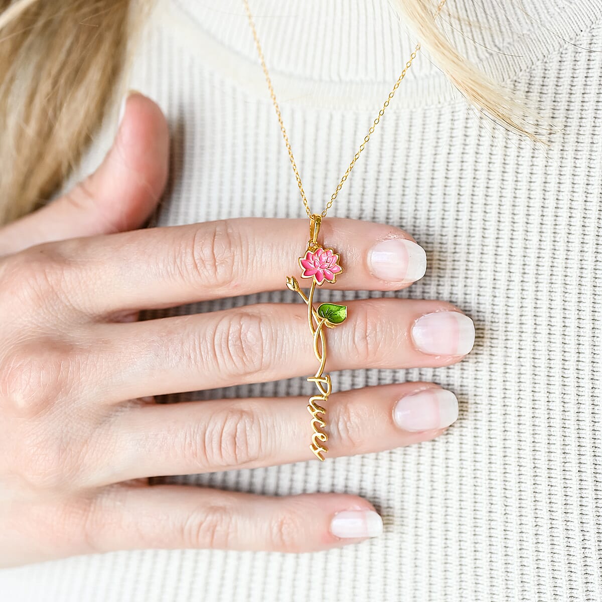 Pink and Green Enameled Pisces Zodiac Water Lily Birth Flower Pendant Necklace,Statement Jewlery,Gift For Women (16-18 Inches) in 14K YG Over Sterling Silver image number 3