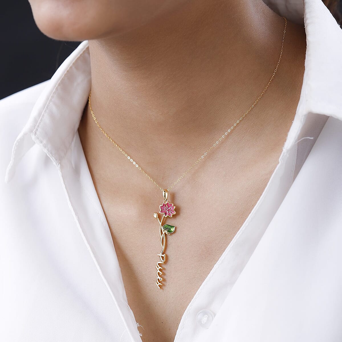 Pink and Green Enameled Pisces Zodiac Water Lily Birth Flower Pendant Necklace,Statement Jewlery,Gift For Women (16-18 Inches) in 14K YG Over Sterling Silver image number 4