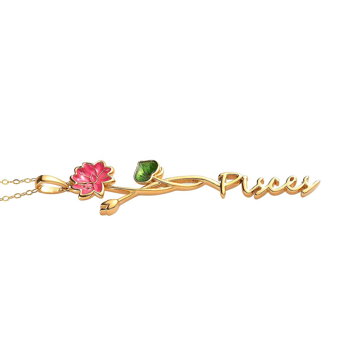Pink and Green Enameled Pisces Zodiac Water Lily Birth Flower Pendant Necklace,Statement Jewlery,Gift For Women (16-18 Inches) in 14K YG Over Sterling Silver image number 5