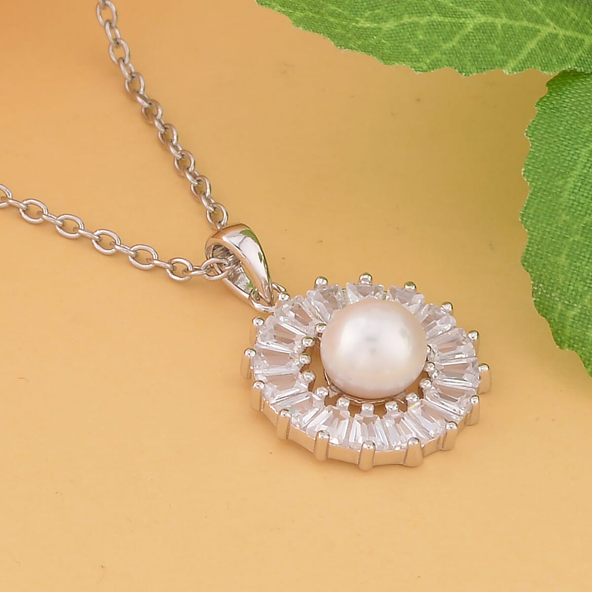 White Freshwater Pearl and Simulated Diamond Floral Pendant Necklace 20 Inches in Rhodium Over Sterling Silver and Stainless Steel 1.00 ctw image number 1