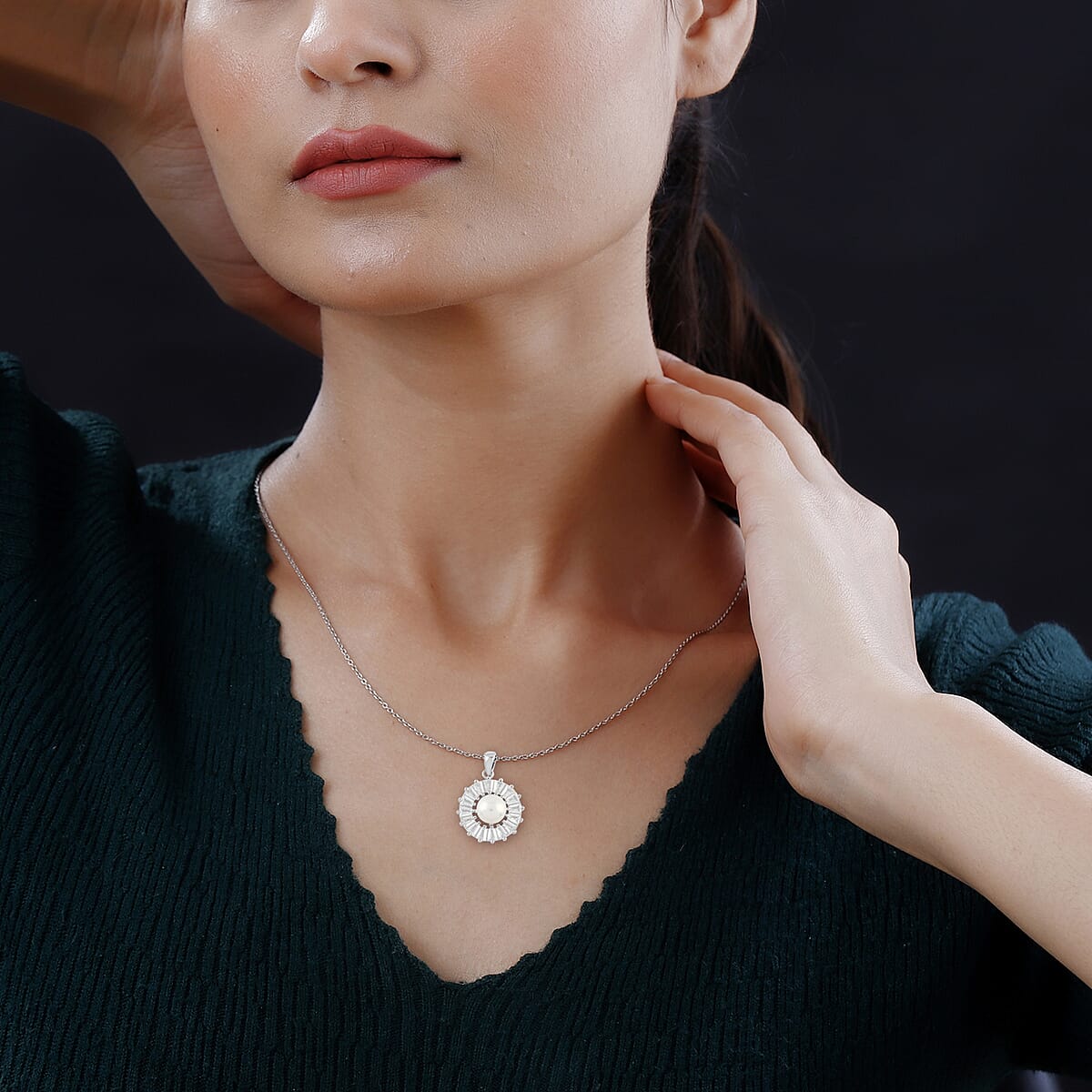 White Freshwater Pearl and Simulated Diamond Floral Pendant Necklace 20 Inches in Rhodium Over Sterling Silver and Stainless Steel 1.00 ctw image number 2