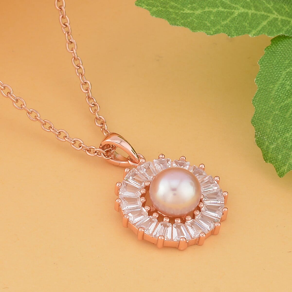 Purple Freshwater Pearl and Simulated Diamond Floral Pendant in 14K Rose Gold Over Sterling Silver with ION Plated RG Stainless Steel Necklace 20 Inches 1.00 ctw image number 1