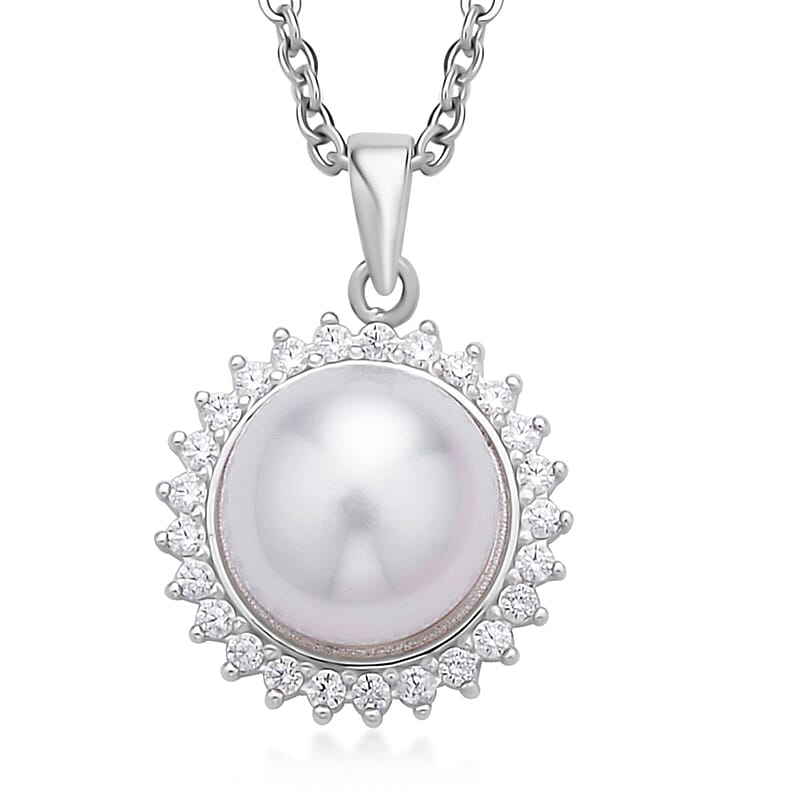 White Freshwater Pearl and Simulated Diamond Sunburst Pendant in Rhodium Over Sterling Silver with Stainless Steel Necklace 20 Inches 0.20 ctw