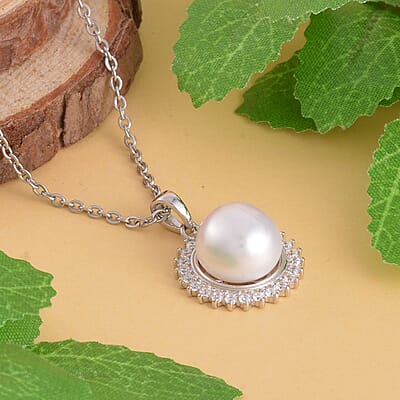White Freshwater Pearl and Simulated Diamond Sunburst Pendant in Rhodium Over Sterling Silver with Stainless Steel Necklace 20 Inches 0.20 ctw