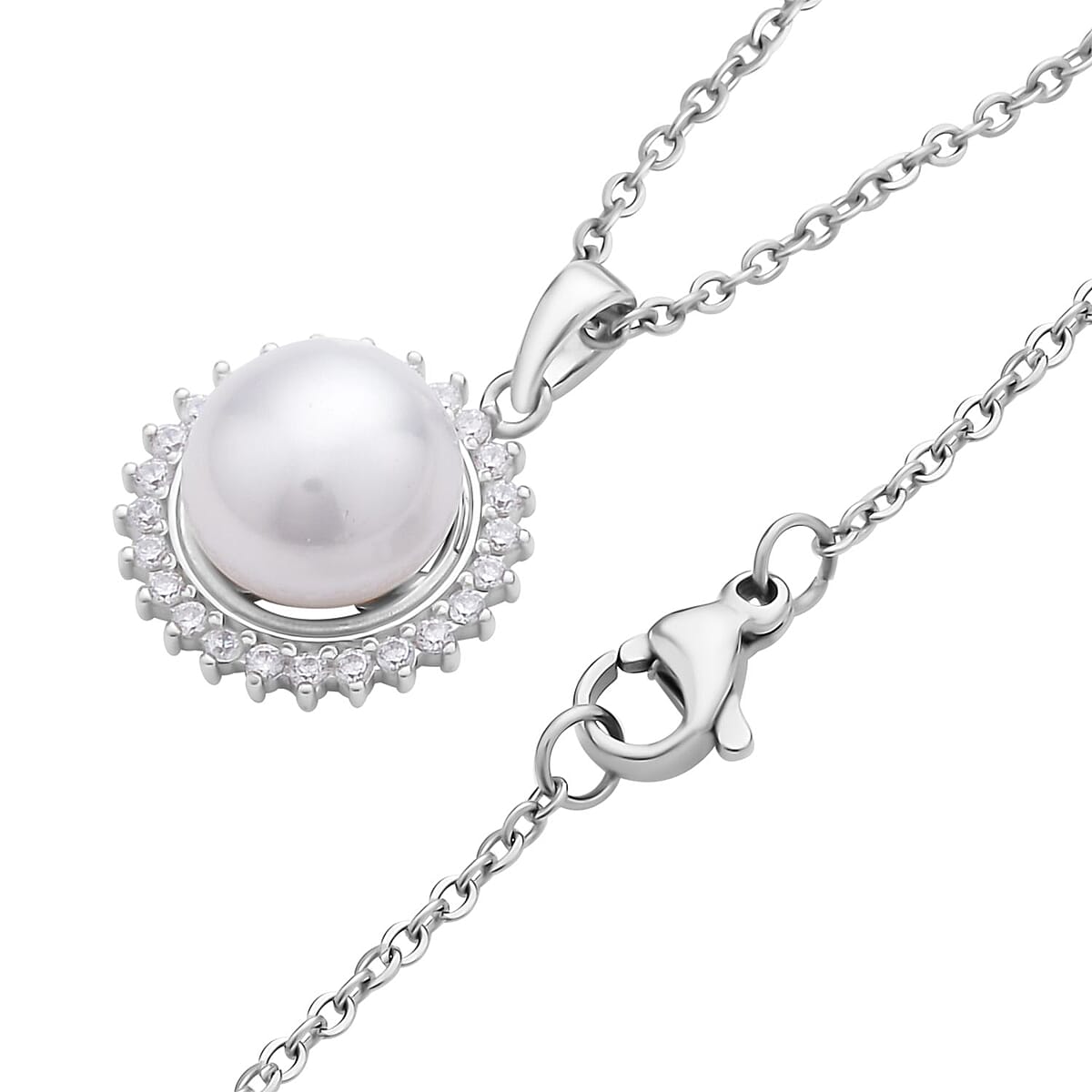 White Freshwater Pearl and Simulated Diamond Sunburst Pendant Necklace 20 Inches in Rhodium Over Sterling Silver and Stainless Steel 0.20 ctw image number 3