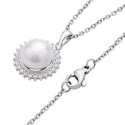 White Freshwater Pearl and Simulated Diamond Sunburst Pendant in Rhodium Over Sterling Silver with Stainless Steel Necklace 20 Inches 0.20 ctw