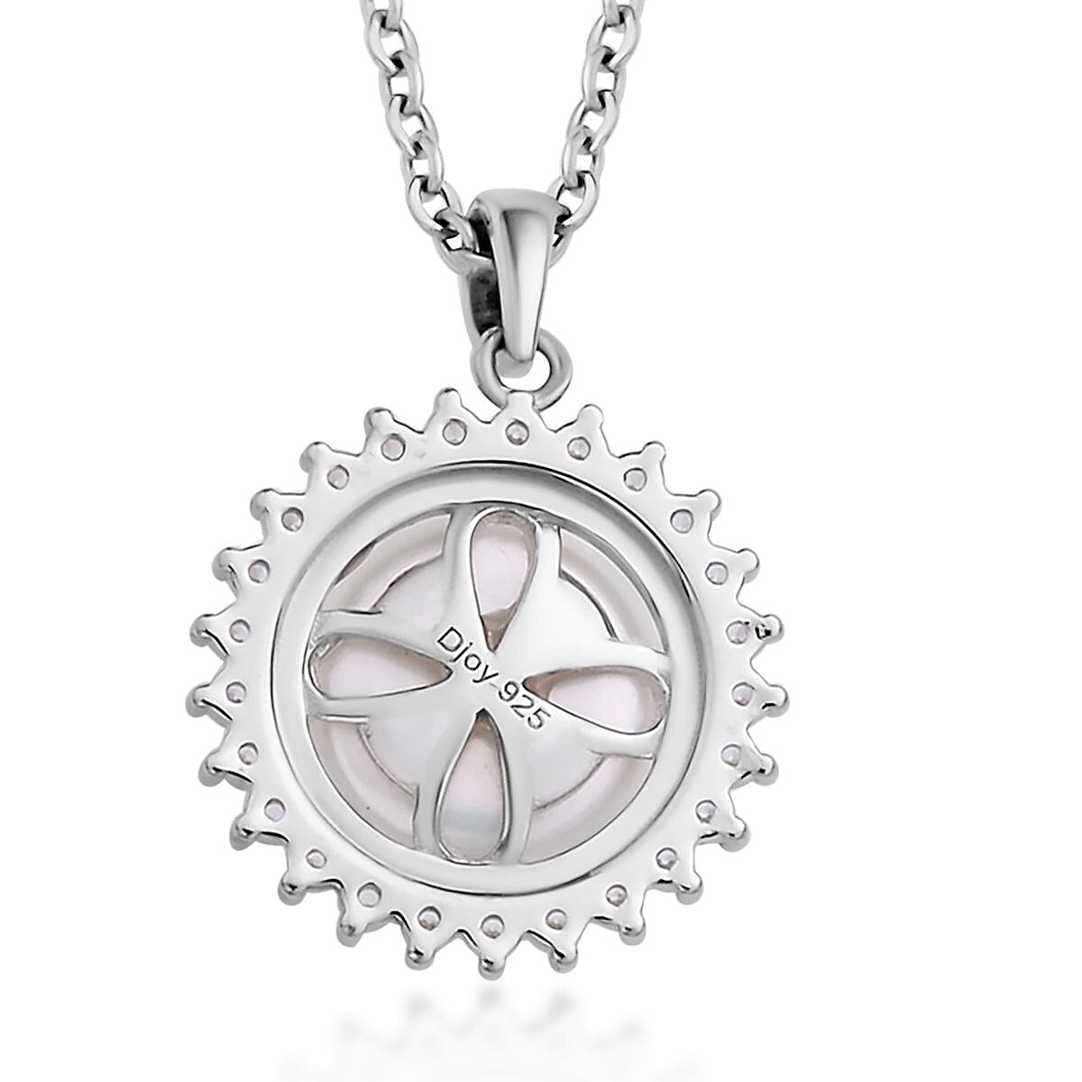 White Freshwater Pearl and Simulated Diamond Sunburst Pendant Necklace 20 Inches in Rhodium Over Sterling Silver and Stainless Steel 0.20 ctw image number 4
