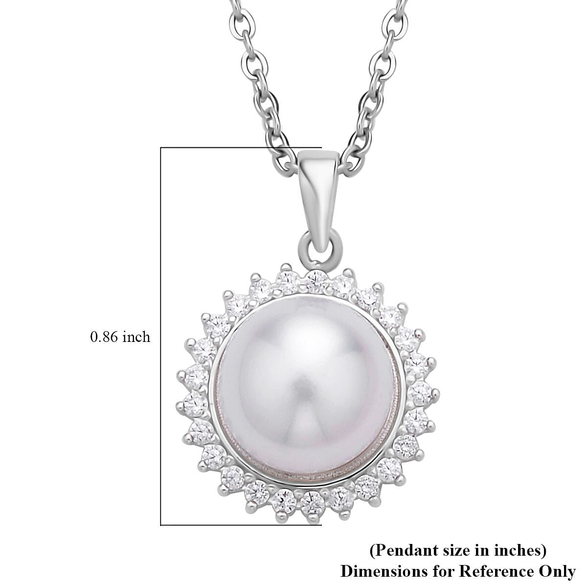 White Freshwater Pearl and Simulated Diamond Sunburst Pendant Necklace 20 Inches in Rhodium Over Sterling Silver and Stainless Steel 0.20 ctw image number 5