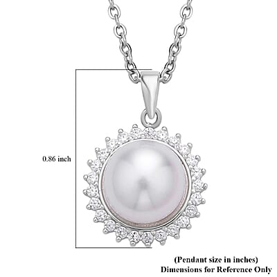 White Freshwater Pearl and Simulated Diamond Sunburst Pendant in Rhodium Over Sterling Silver with Stainless Steel Necklace 20 Inches 0.20 ctw