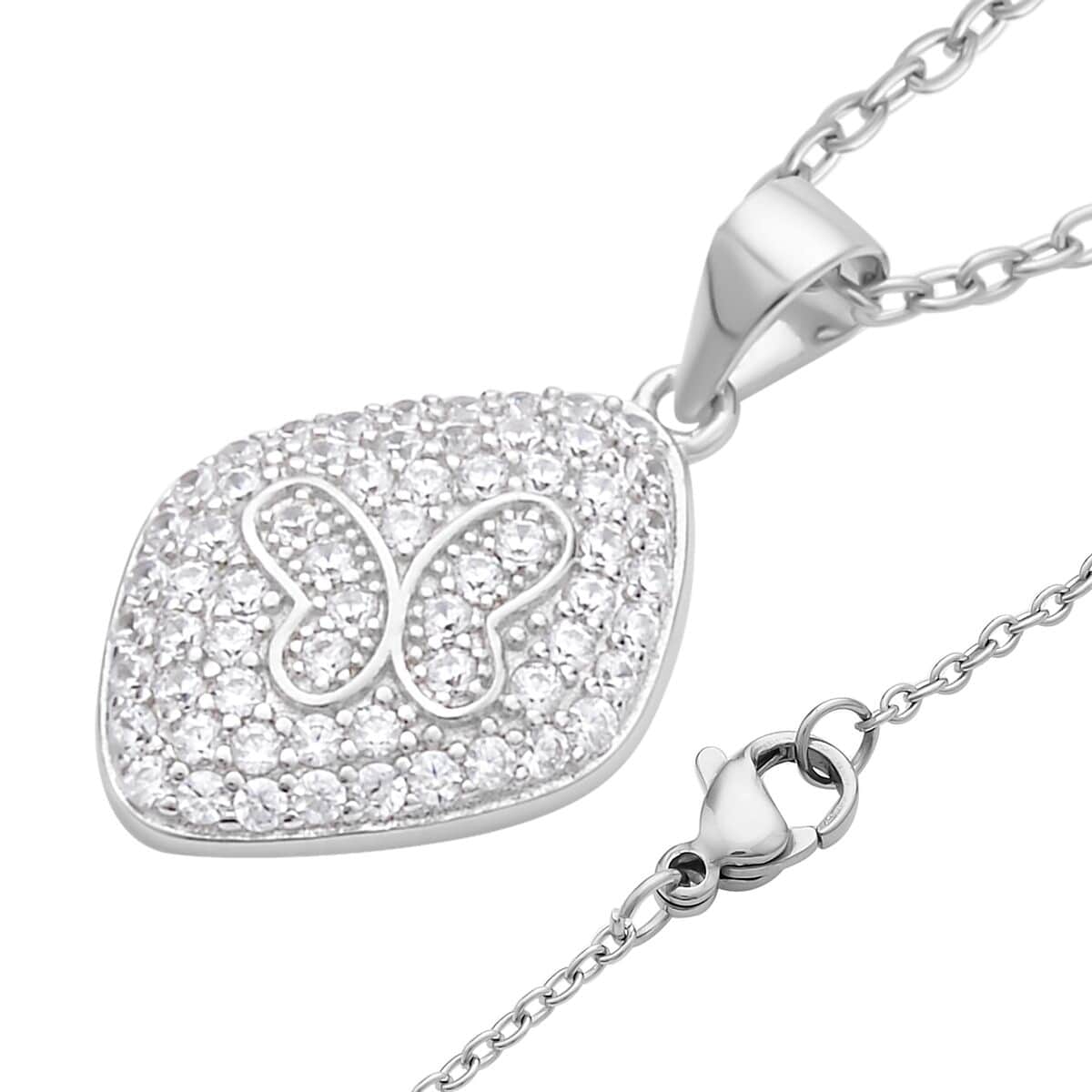 Simulated Diamond Butterfly Pendant Necklace 20 Inches in Rhodium Over Sterling Silver and Stainless Steel image number 3