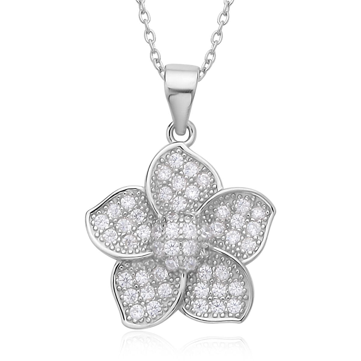 Simulated Diamond Flower Pendant in Rhodium Over Sterling Silver with Stainless Steel Necklace 20 Inches image number 0