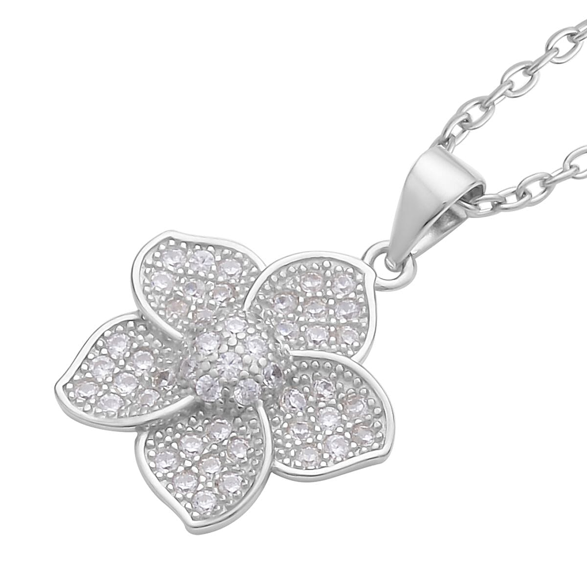 Simulated Diamond Flower Pendant in Rhodium Over Sterling Silver with Stainless Steel Necklace 20 Inches image number 3